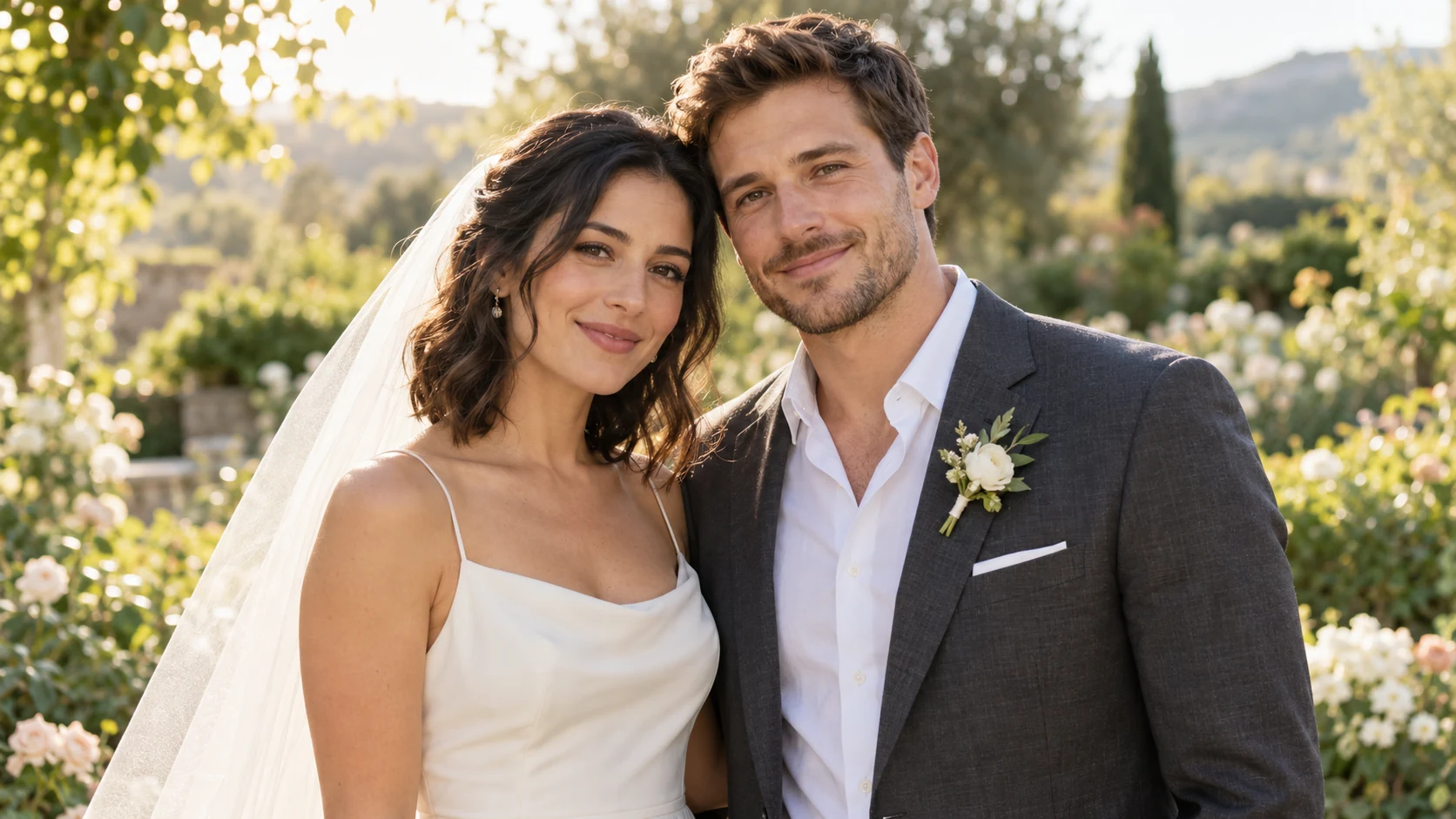 A newlywed couple standing close together in a sunlit garden, with an ivory veil resting beside the bride's shoulder.