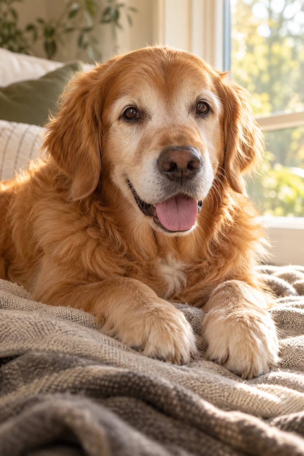 An older golden retriever resting on a blanket beside a sunlit window, looking toward the camera.